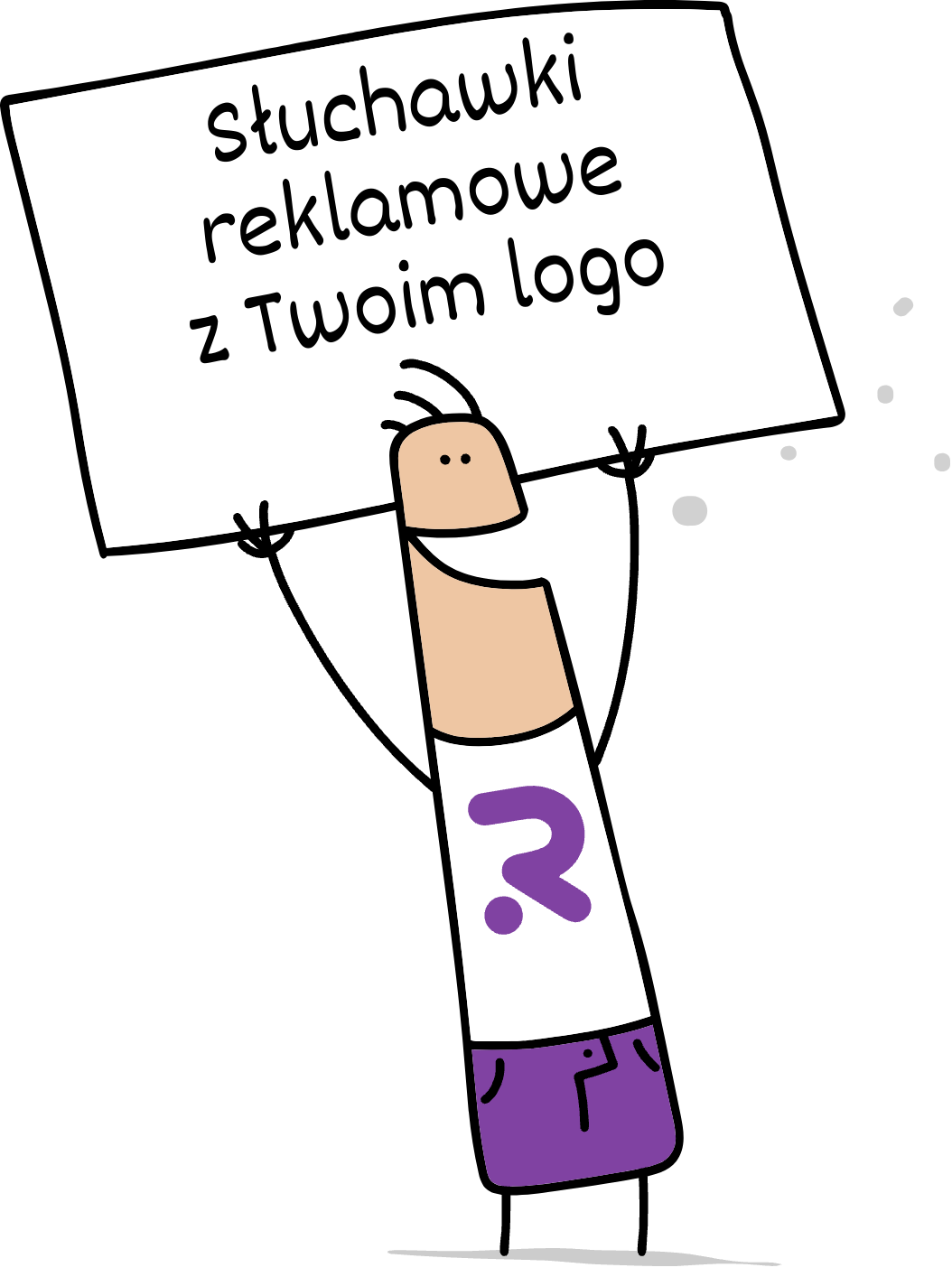 Buddy trzymający napis sluchawki reklamowe z Twoim logo